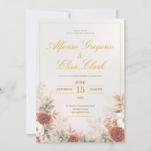 Elegant Boho Floral Rose Pink Modern Wedding  招待状 (正面)