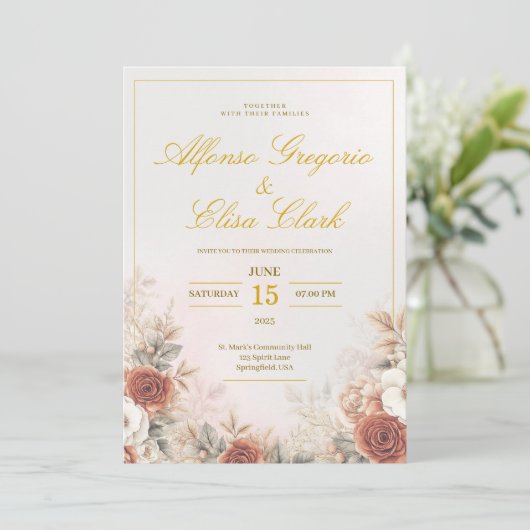 Elegant Boho Floral Rose Pink Modern Wedding  招待状 (スタンド正面)