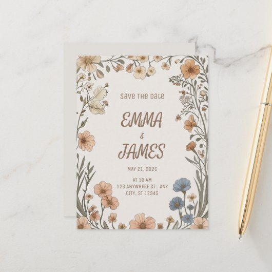Elegant Boho Floral Save the Date Card 案内ポストカード (正面/裏面インサイチュ)