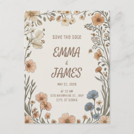 Elegant Boho Floral Save the Date Card 案内ポストカード