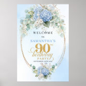 Elegant Boho Hydrangeas Gold 90th Birthday Welcome ポスター (正面)