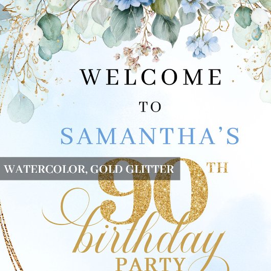 Elegant Boho Hydrangeas Gold 90th Birthday Welcome ポスター