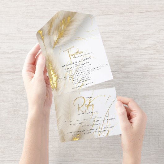 Elegant Boho Ivory and Gold Pampas Foil オールインワン招待状 (切り取り部)