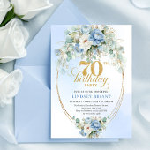 Elegant Boho Light Blue Flowers Gold 70th Birthday 招待状