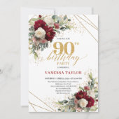 Elegant Boho Maroon White Roses Gold 90th Birthday 招待状 (正面)