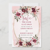 Elegant Boho Marsala Blush Gold Floral Save Date 招待状 (正面)
