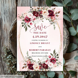Elegant Boho Marsala Blush Gold Floral Save Date 招待状