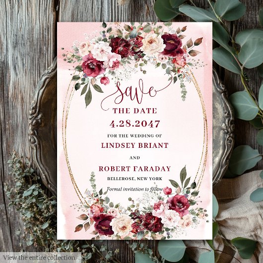 Elegant Boho Marsala Blush Gold Floral Save Date 招待状