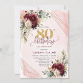 Elegant Boho Marsala Gold Flowers 80th Birthday  招待状 (正面)