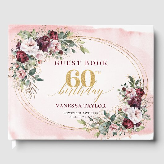 Elegant Boho Merlot Gold Roses 60th Birthday Chic ゲストブック (正面)
