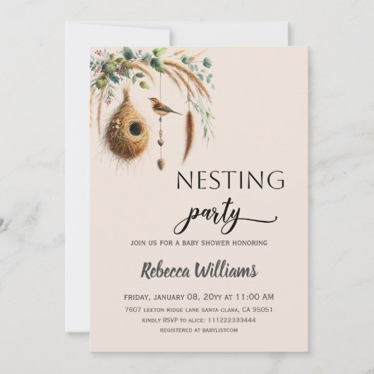 Elegant Boho Nesting Party Bird Baby Shower 招待状 (正面)