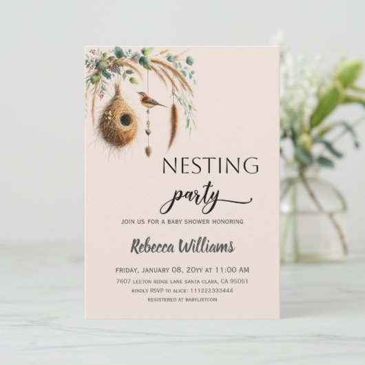 Elegant Boho Nesting Party Bird Baby Shower 招待状 (スタンド正面)