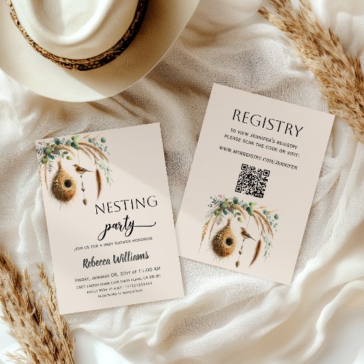 Elegant Boho Nesting Party Bird Baby Shower 招待状
