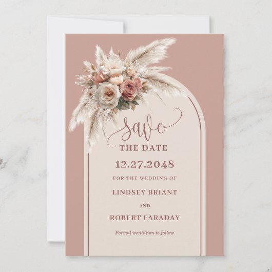 Elegant Boho Pampas Grass Arch Save the Date Card 招待状 (正面)