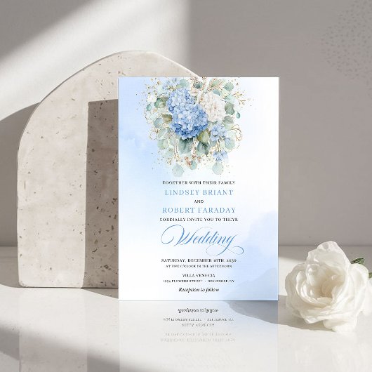 Elegant Boho Pastel Blue Hydrangea Wedding Invite 招待状