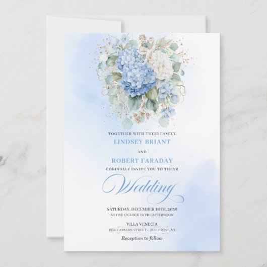 Elegant Boho Pastel Blue Hydrangea Wedding Invite 招待状 (正面)