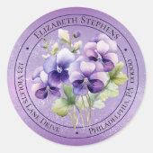 Elegant Boho Purple Violets Floral Return Address ラウンドシール (正面)