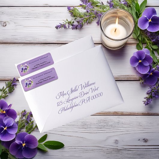 Elegant Boho Purple Violets Floral Return Address ラベル