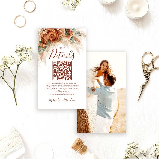 Elegant  Boho QR Code Photo Wedding Details Card エンクロージャーカード