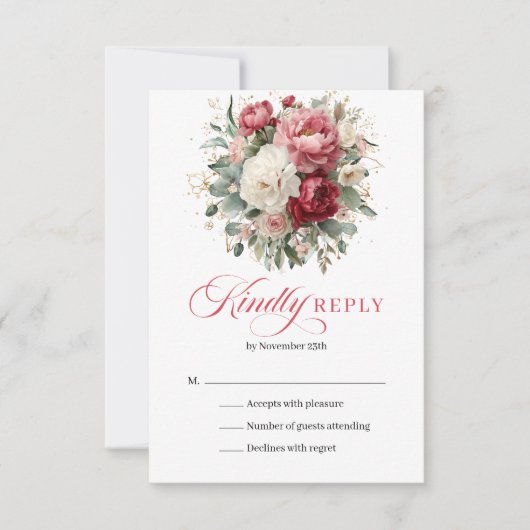Elegant Boho Red Blush Floral Wedding RSVP Card (正面)
