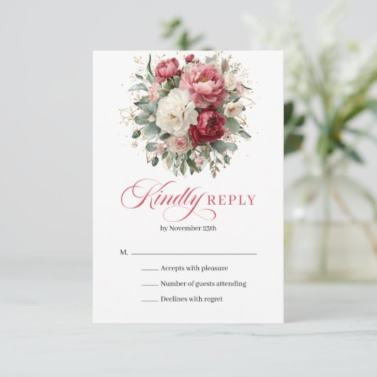 Elegant Boho Red Blush Floral Wedding RSVP Card (スタンド正面)