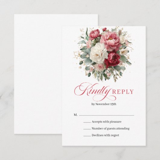 Elegant Boho Red Blush Floral Wedding RSVP Card (正面/裏面)