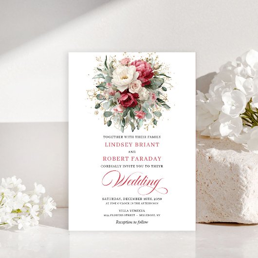 Elegant Boho Red White Greenery Wedding Invitation 招待状