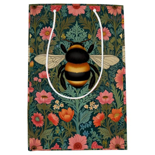 Elegant boho retro bumblebee spring florals ミディアムペーパーバッグ (正面)