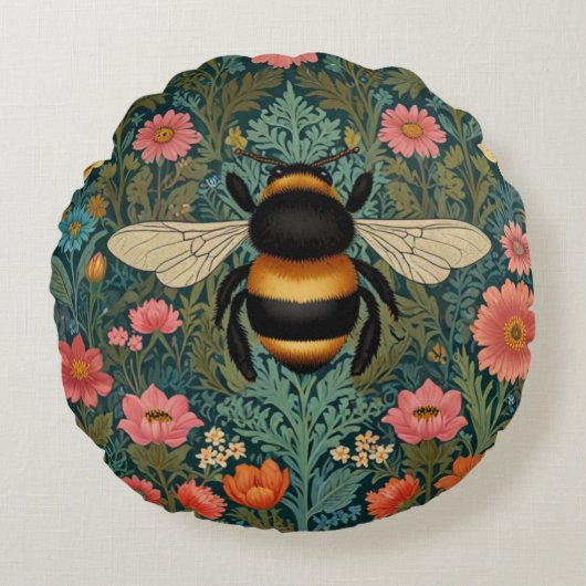 Elegant boho retro bumblebee spring florals  ラウンドクッション (正面)