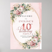 Elegant Boho Rose Gold Greenery 40th Birthday  ポスター (正面)