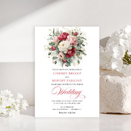 Elegant Boho Ruby Red Blush Greenery Invitation 招待状