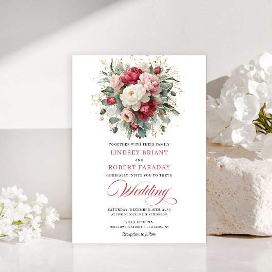 Elegant Boho Ruby Red Blush Greenery Invitation 招待状