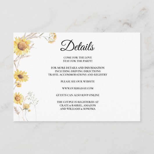 Elegant Boho Sunflower Enclosure Card Details エンクロージャーカード (正面)