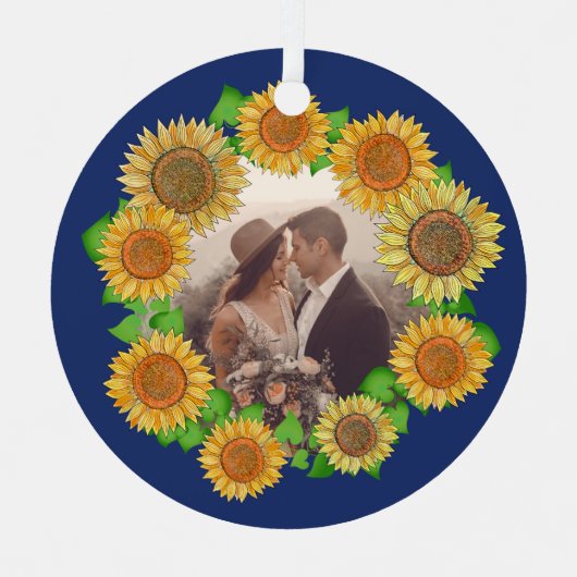    Elegant Boho Sunflower Rustic Navy Blue Wedding メタルオーナメント (正面)