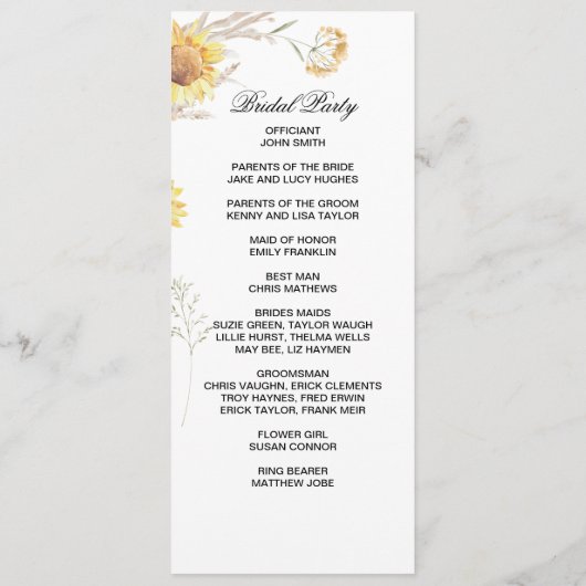 Elegant Boho Sunflowers double side program card  プログラム (裏面)