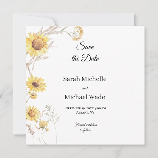 Elegant Boho sunflowers Save the Date Invite セーブザデート (正面)