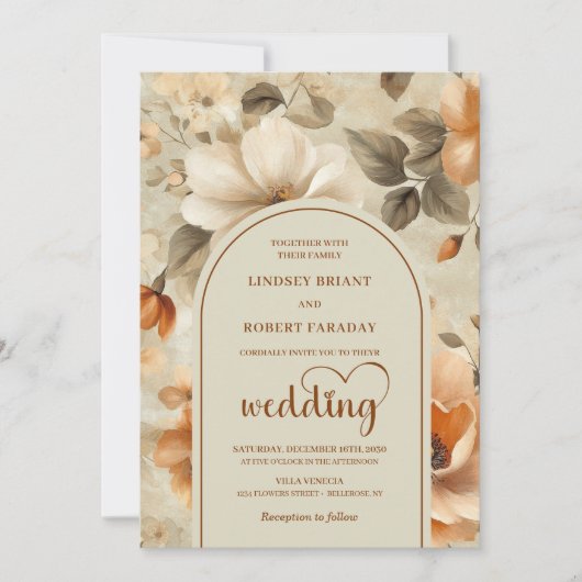 Elegant Boho Terra Cotta Ivory Sage Floral Wedding 招待状 (正面)