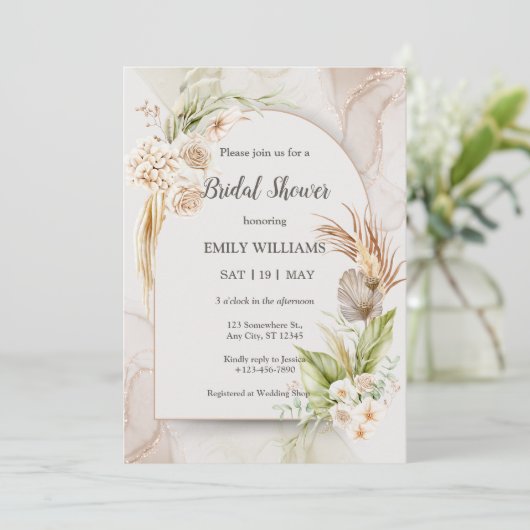 Elegant Boho Tropical Pampas Grass Bridal Shower 招待状 (スタンド正面)