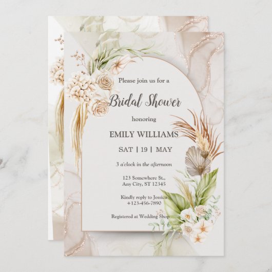 Elegant Boho Tropical Pampas Grass Bridal Shower 招待状 (正面/裏面)