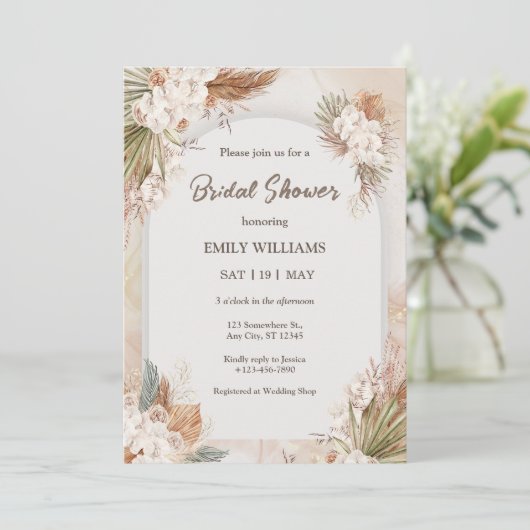 Elegant Boho Tropical Pampas Grass Bridal Shower 招待状 (スタンド正面)