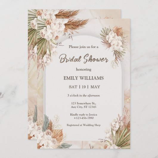 Elegant Boho Tropical Pampas Grass Bridal Shower 招待状 (正面/裏面)