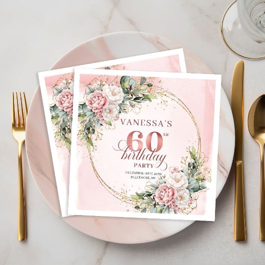 Elegant Boho Watercolor Floral 60 Birthday Napkins スタンダードカクテルナプキン