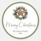Elegant Boho Watercolor Pine Wreath Christmas ラウンドシール (正面)