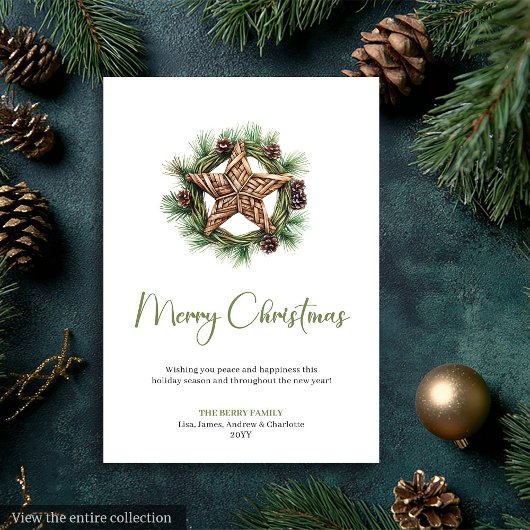Elegant Boho Watercolor Pine Wreath Christmas Card シーズンカード