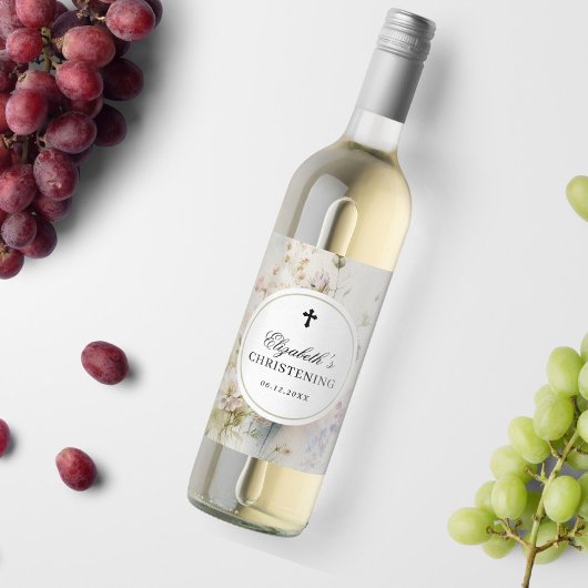 Elegant Boho Watercolor Wildflowers Christening ワインラベル