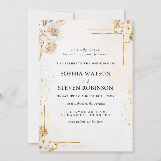 "Elegant Boho Wedding with Beige & Yellow Flowers 招待状 (正面)
