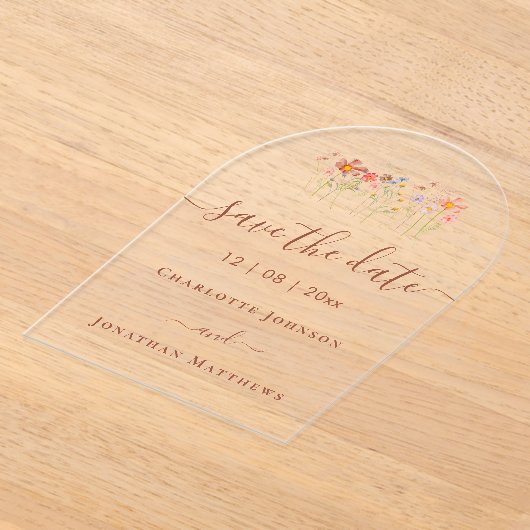 Elegant Boho Wildflower Meadow Wedding アクリル招待状 (レイダウン)