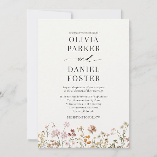 Elegant Boho Wildflower Minimalist Wedding  招待状 (正面)