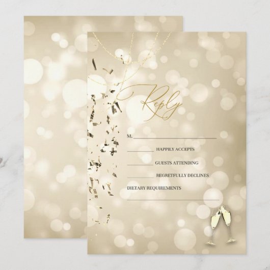 Elegant Bokeh,Confetti Wine Glasses Wedding 招待状 (正面/裏面)