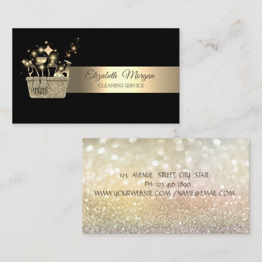 Elegant Bokeh Gold Glitter Cleaning Tools Black 名刺 (正面/裏面)